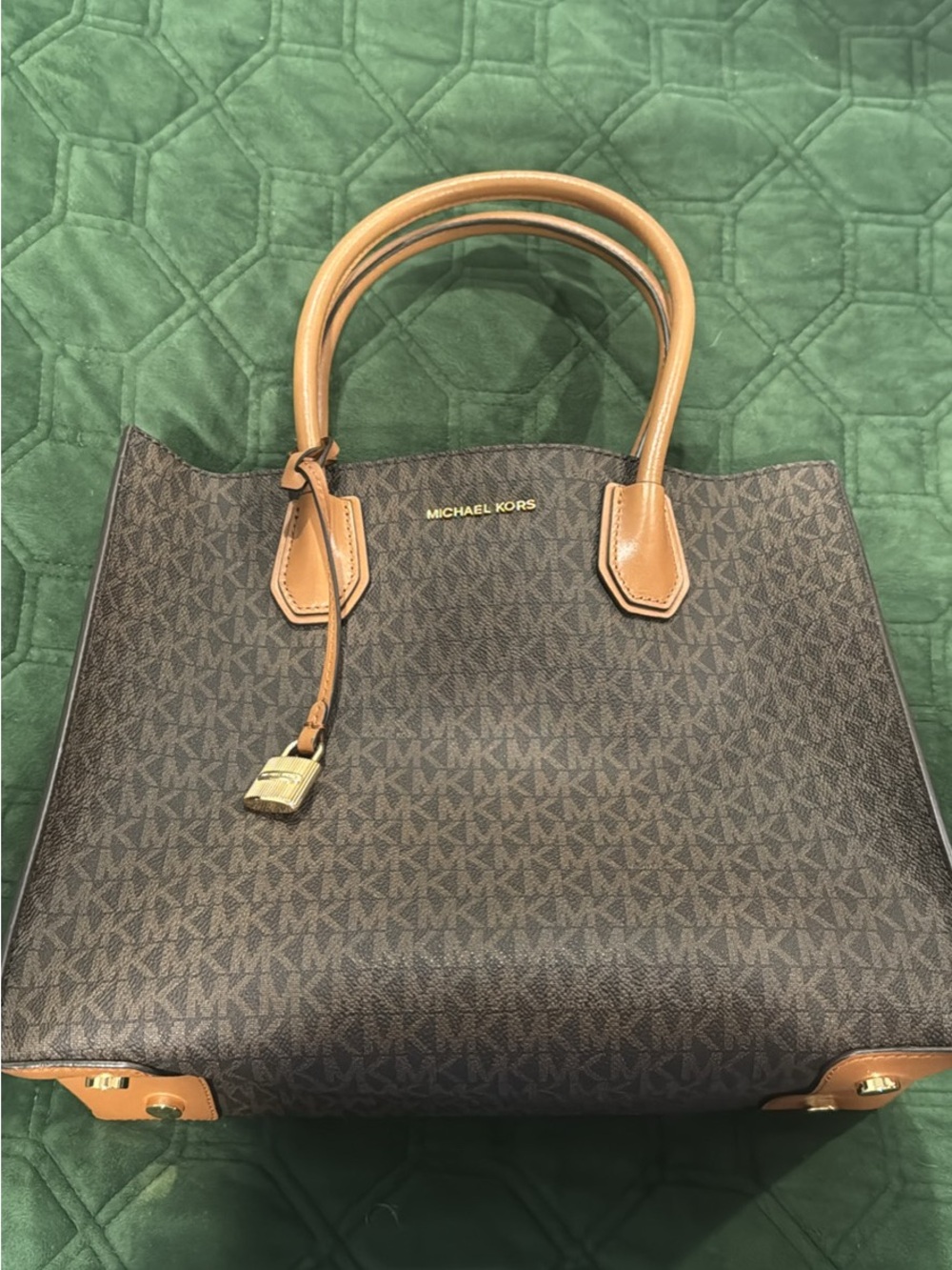 Michael Kors Brown Signature Tote with Tan Leather Handles and Gold Hardware